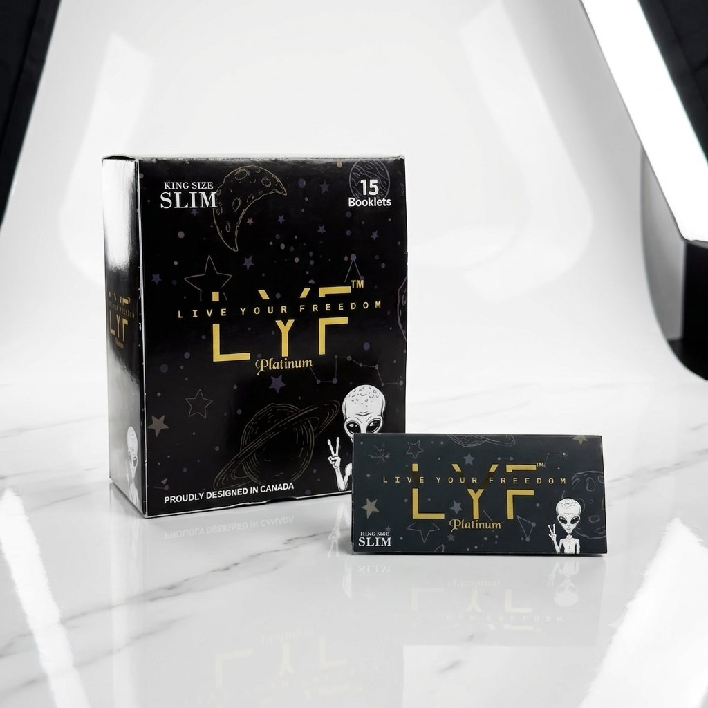 15 Booklets - LYF Platinum Unbleached, King size slim rolling paper, Ultra-Thin + Tips, Tray & 510 Papers