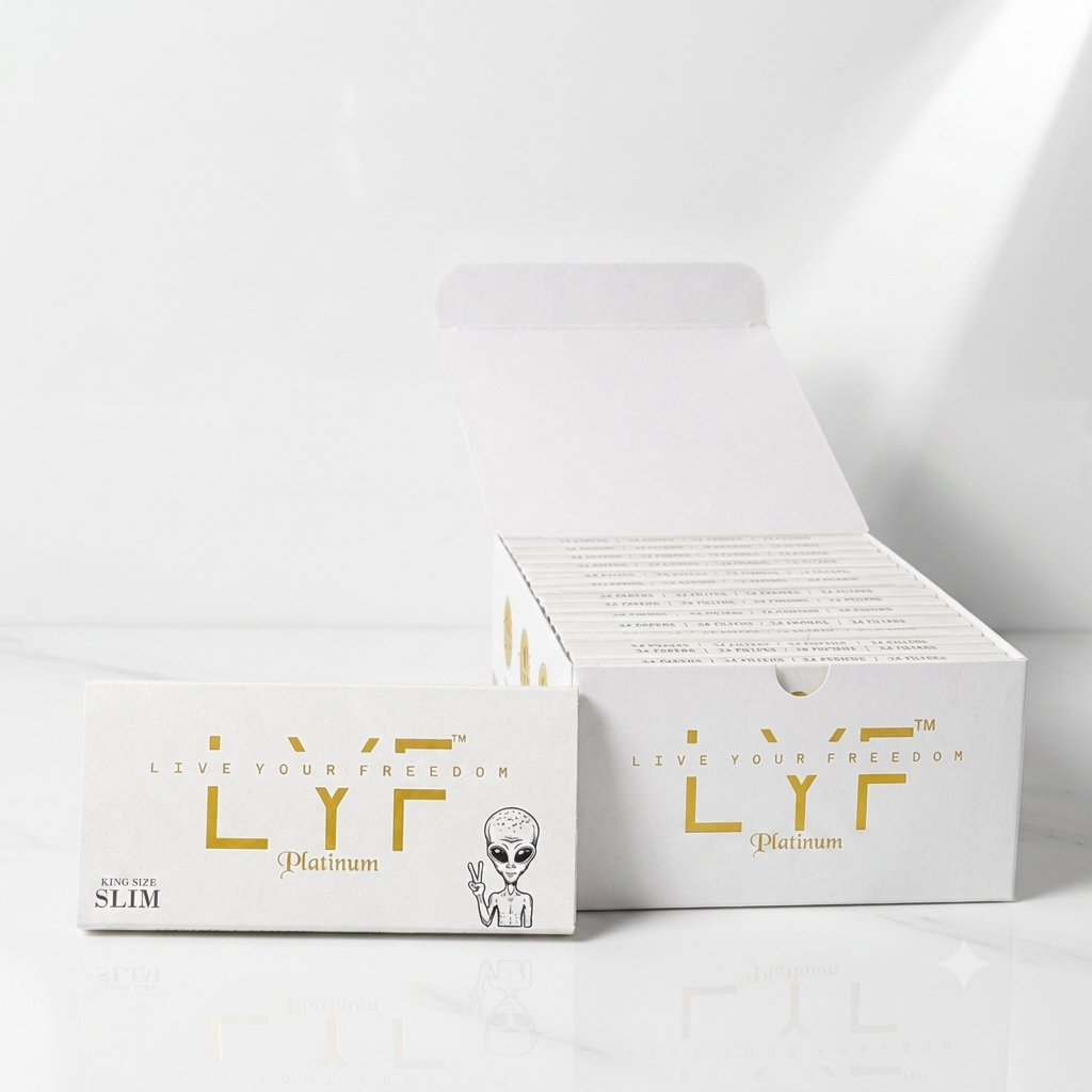 15 Booklets - LYF Platinum Bleached King Size rolling  paper - Ultra-thin + Tips, Tray & 510 Papers