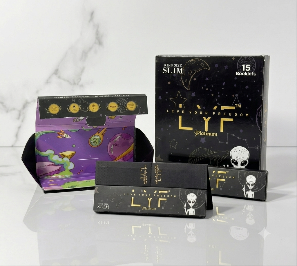 15 Booklets - LYF Platinum Unbleached, King size slim rolling paper, Ultra-Thin + Tips, Tray & 510 Papers