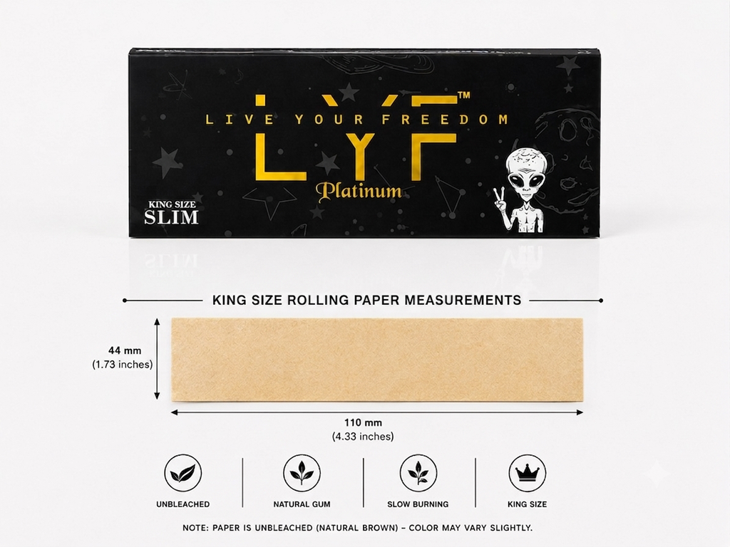 15 Booklets - LYF Platinum Unbleached, King size slim rolling paper, Ultra-Thin + Tips, Tray & 510 Papers