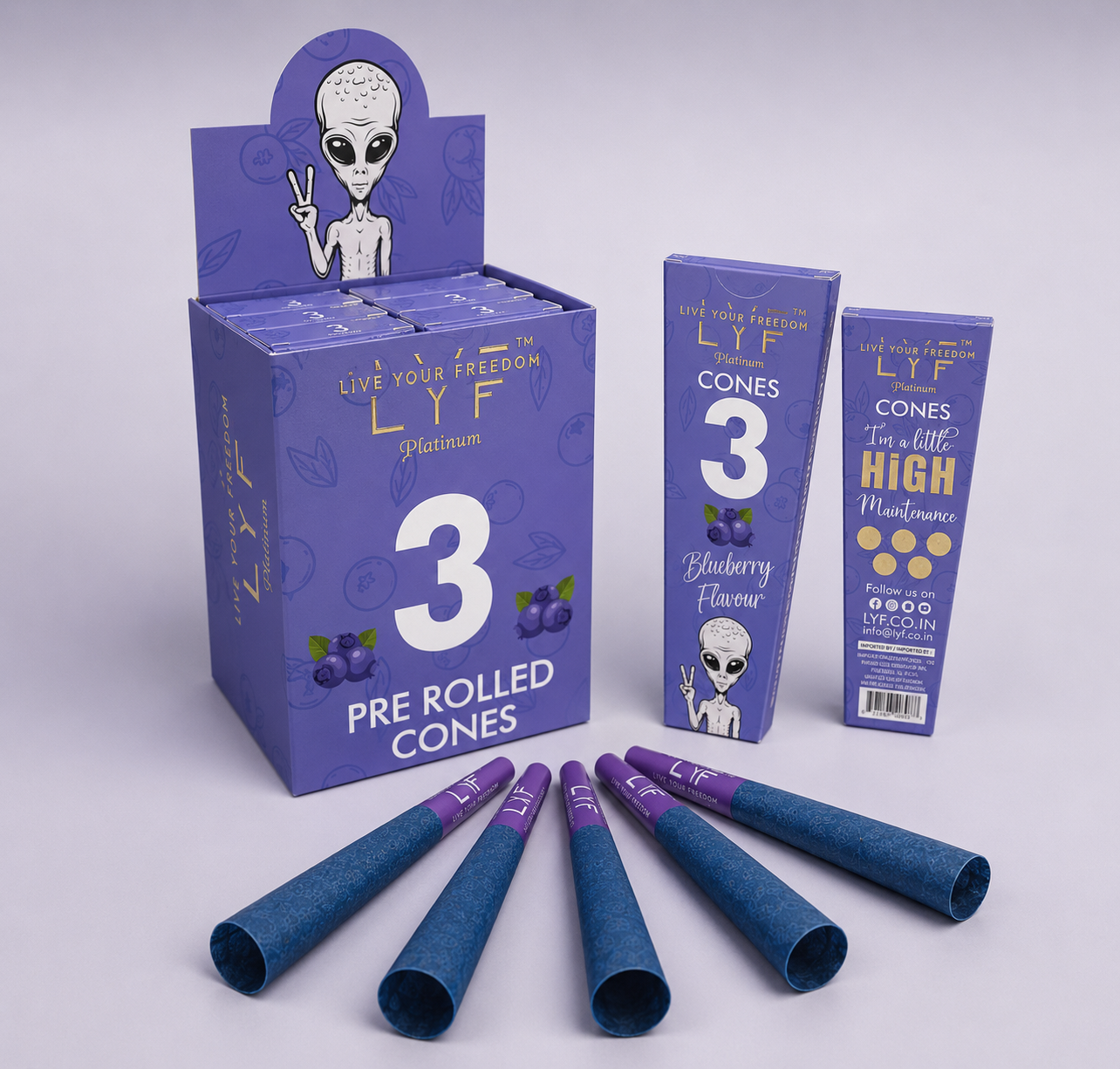 LYF Platinum Pre Roll King Size Cones, Blueberry Flavour, Chlorine Free, Vegan, 109mm, 30 Cones, 10 Packs of 3