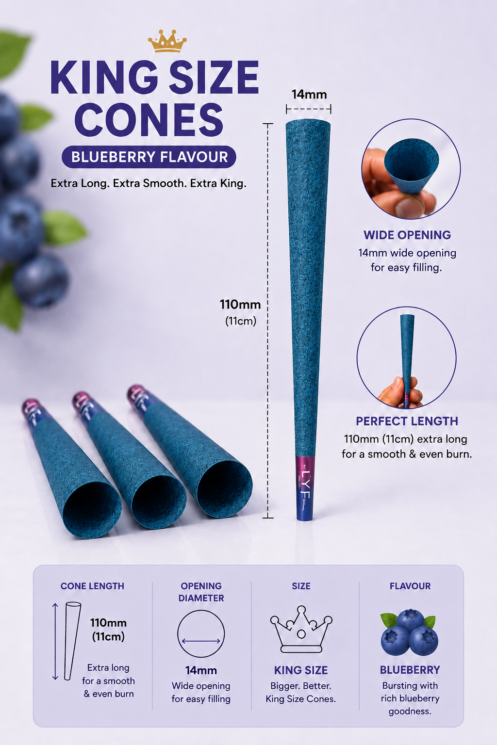 LYF Platinum  King Size Premium Paper Cone Variety Pack – 60 Count (Blueberry + Chocolate) 60 cones