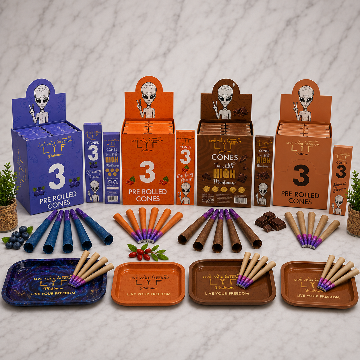 LYF King Size Premium Paper Flavour Cone Variety Pack Blueberry, Gojiberry, Chocolate & Unrefiened Natural – 120 Count