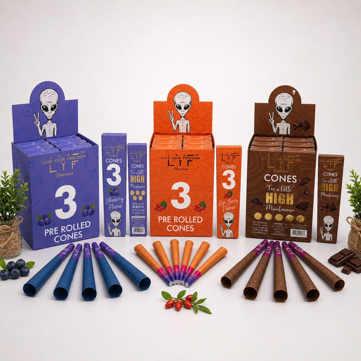 LYF Platinum King Size Premium Paper Cone Variety Pack – 90 Count (Bluebeery + Chocolate + Gojiberry)