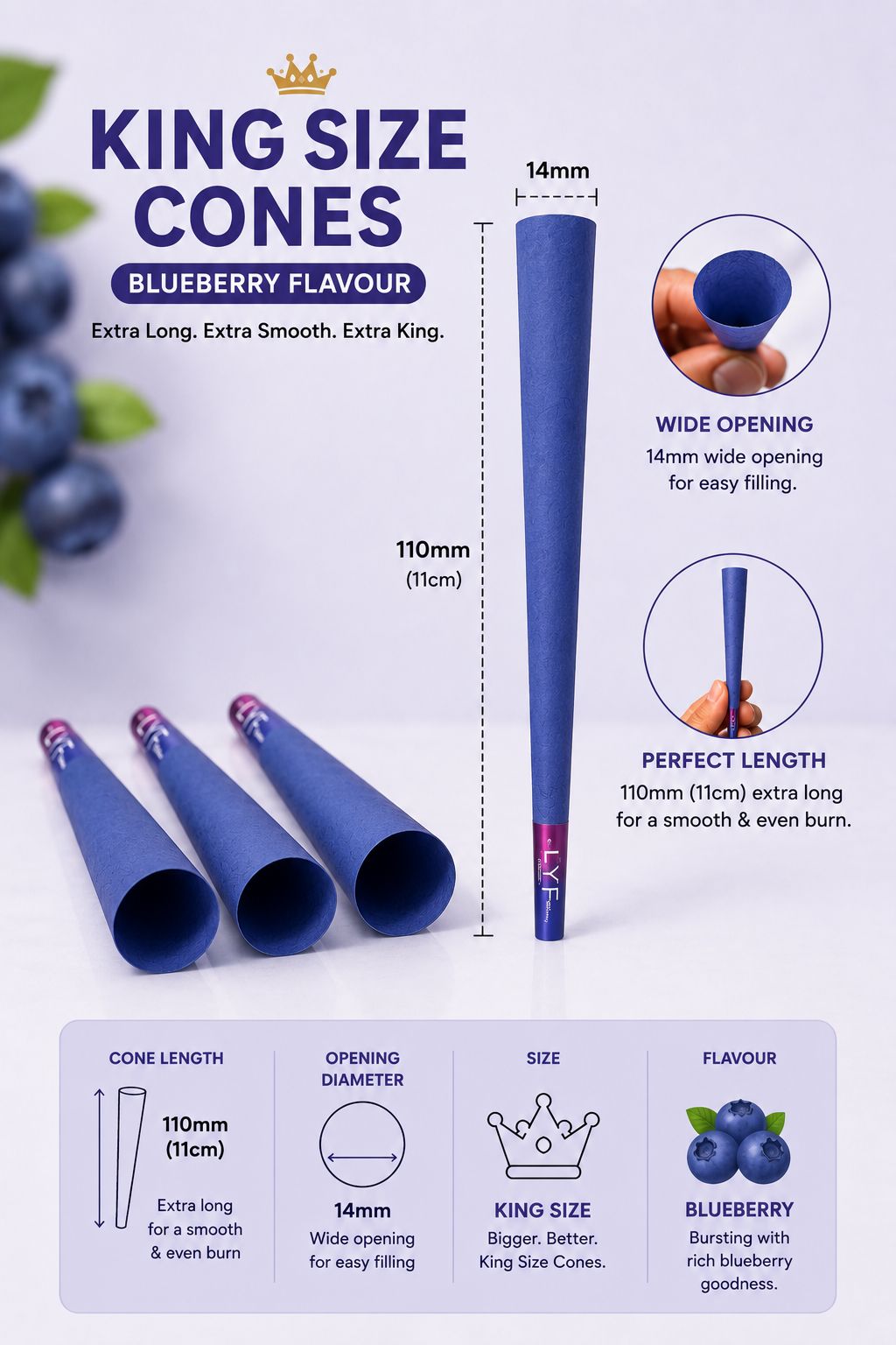 LYF Platinum Pre Roll King Size Cones Variety Bundle, 8 Packs, Natural Brown, Blueberry, Goji Berry & Chocolate, 3 Cones per Pack, 24 Total
