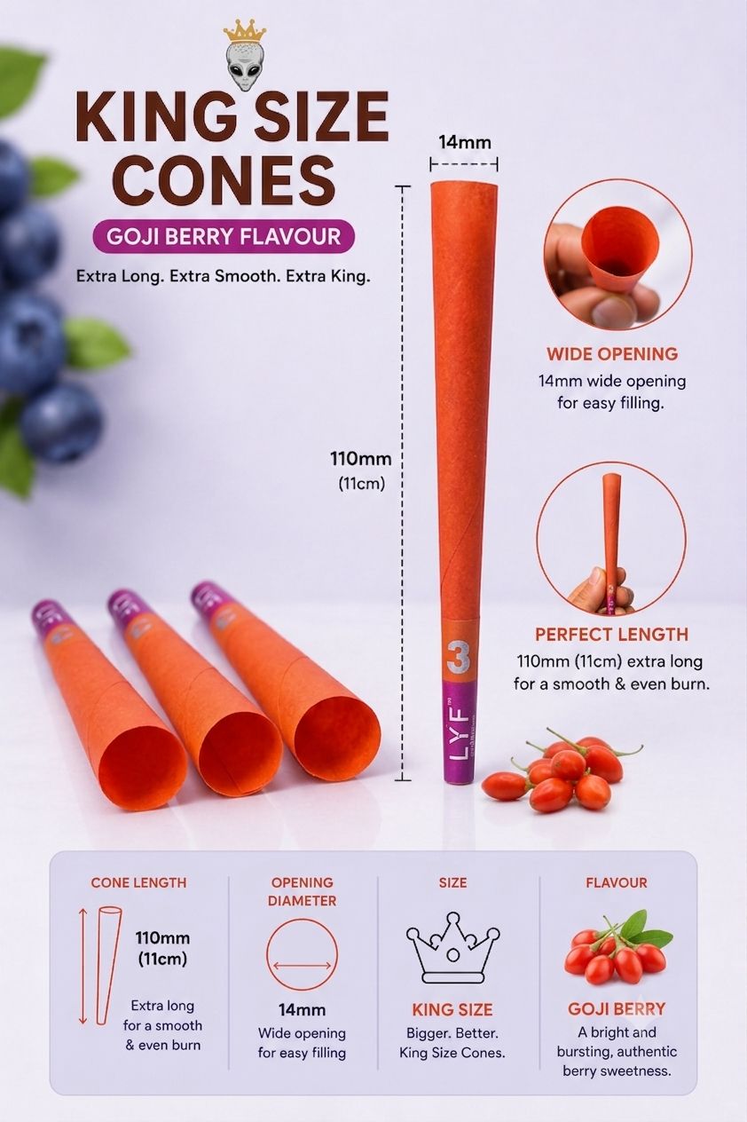 LYF Platinum Pre Roll King Size Cones, Goji Berry Flavour, 109mm, 30 Cones, 10 Packs of 3