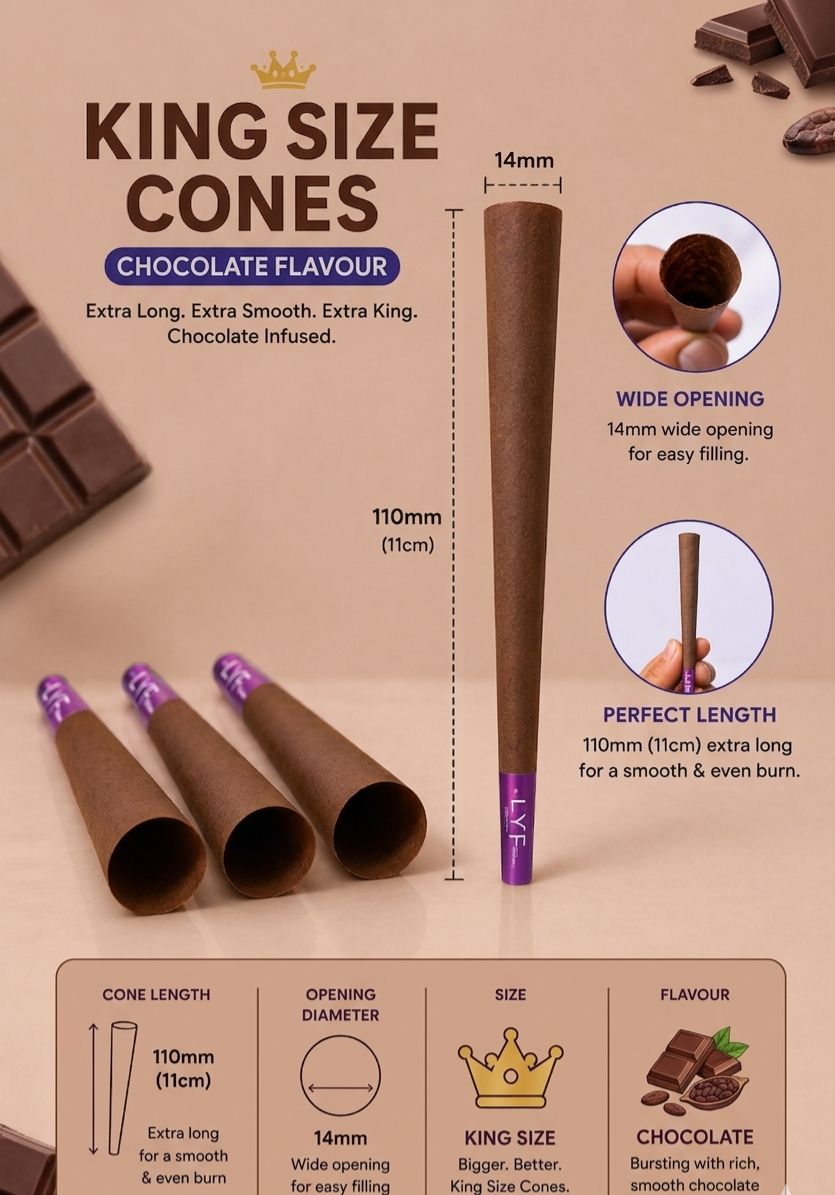 LYF Platinum Chocolate Flavour King Size Cones, 110mm, Pack of 30, Natural, Vegan, 100% Plant Fiber Material