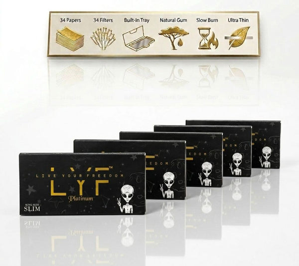 6 Booklets - LYF Platinum Unbleached King Size Slim Paper, Ultra Thin, + Tips, Tray & 204 Paper