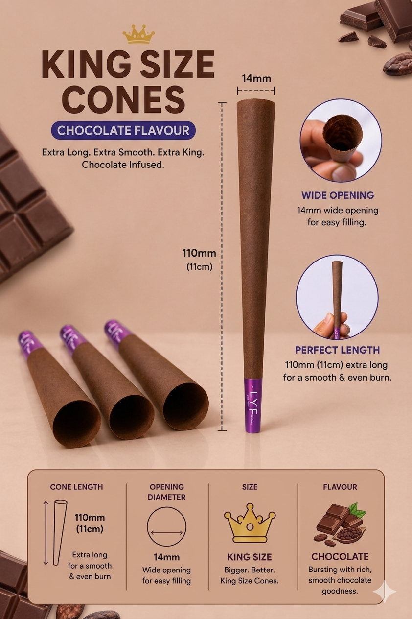 LYF Platinum Chocolate Flavour King Size Cones, 110mm, Pack of 30, Natural, Vegan, 100% Plant Fiber Material - Image 2